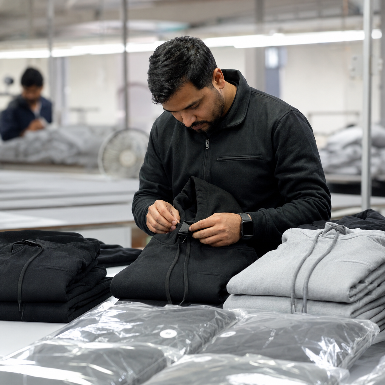 Garment workers sewing apparel on the production floor